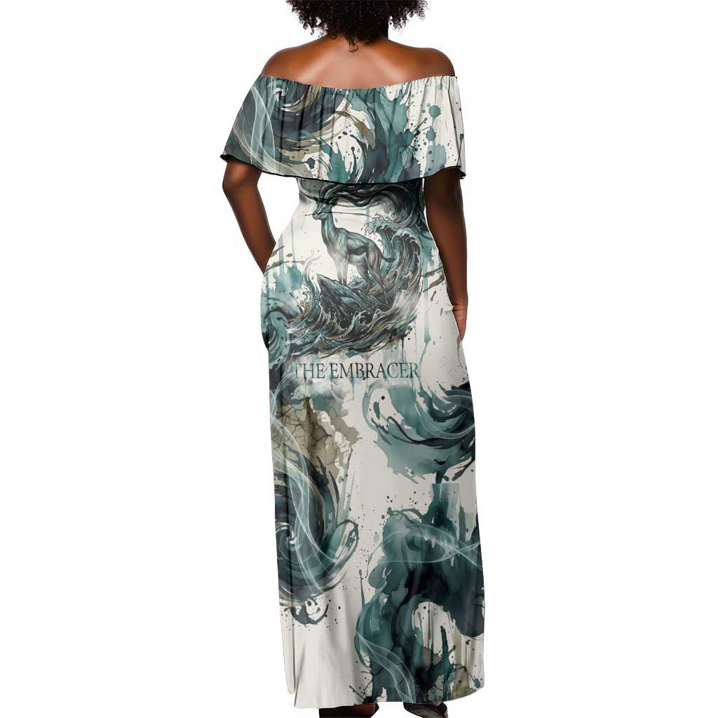 Anuket Egyptian Off Shoulder Maxi Dress Goddess of the Nile Flowing Water Gazelle Spirit The Embracer