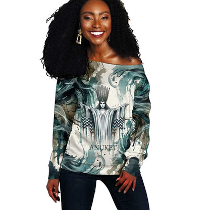 Anuket Egyptian Off Shoulder Sweater Goddess of the Nile Flowing Water Gazelle Spirit The Embracer