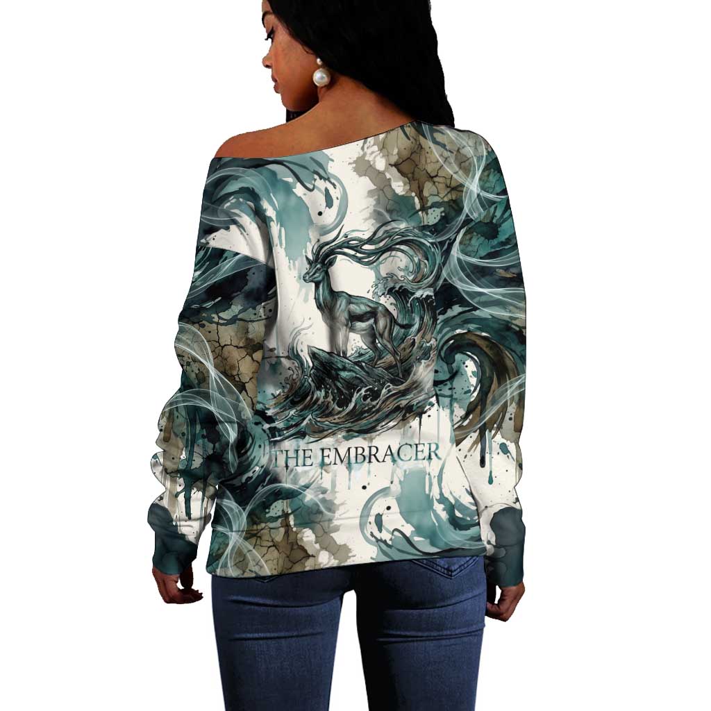 Anuket Egyptian Off Shoulder Sweater Goddess of the Nile Flowing Water Gazelle Spirit The Embracer