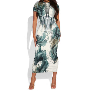 Anuket Egyptian Short Sleeve Bodycon Dress Goddess of the Nile Flowing Water Gazelle Spirit The Embracer