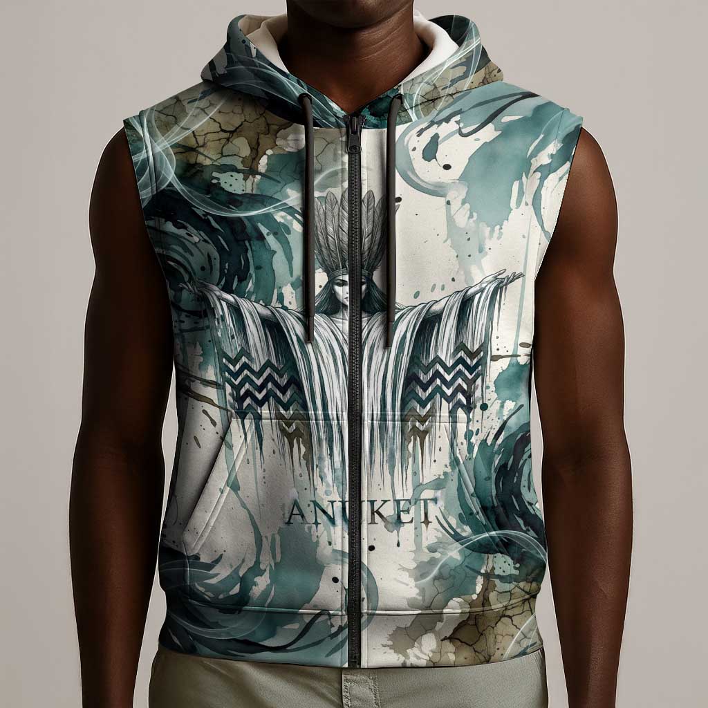 Anuket Egyptian Sleeveless Zip Hoodie Goddess of the Nile Flowing Water Gazelle Spirit The Embracer