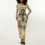 Anuket Long Sleeve Bodycon Dress Egyptian Queen of the Cataracts Ankh Symbol