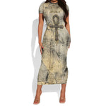 Anuket Short Sleeve Bodycon Dress Egyptian Queen of the Cataracts Ankh Symbol