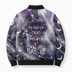 Bastet Egyptian Bomber Puffer Jacket Cat Goddess Cosmic Protector Moon Magic Night Sky