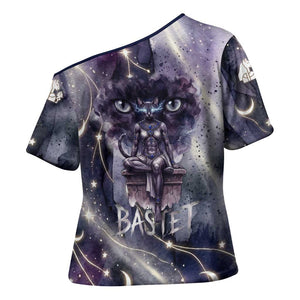 Bastet Egyptian Cross Shoulder Shirt Cat Goddess Cosmic Protector Moon Magic Night Sky