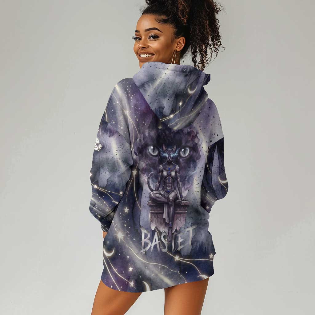 Bastet Egyptian Hoodie Dress Cat Goddess Cosmic Protector Moon Magic Night Sky