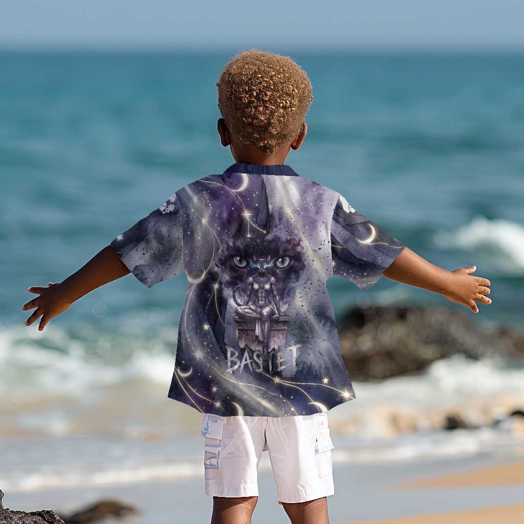 Bastet Egyptian Kid Hawaiian Shirt Cat Goddess Cosmic Protector Moon Magic Night Sky