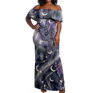 Bastet Egyptian Off Shoulder Maxi Dress Cat Goddess Cosmic Protector Moon Magic Night Sky