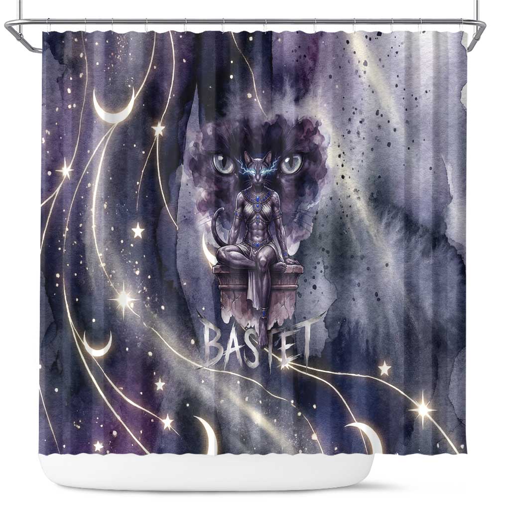 Bastet Egyptian Shower Curtain Cat Goddess Cosmic Protector Moon Magic Night Sky