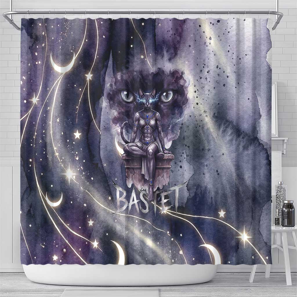 Bastet Egyptian Shower Curtain Cat Goddess Cosmic Protector Moon Magic Night Sky