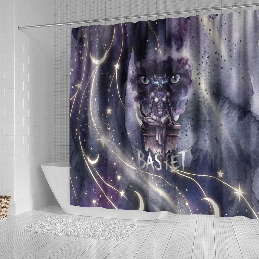 Bastet Egyptian Shower Curtain Cat Goddess Cosmic Protector Moon Magic Night Sky
