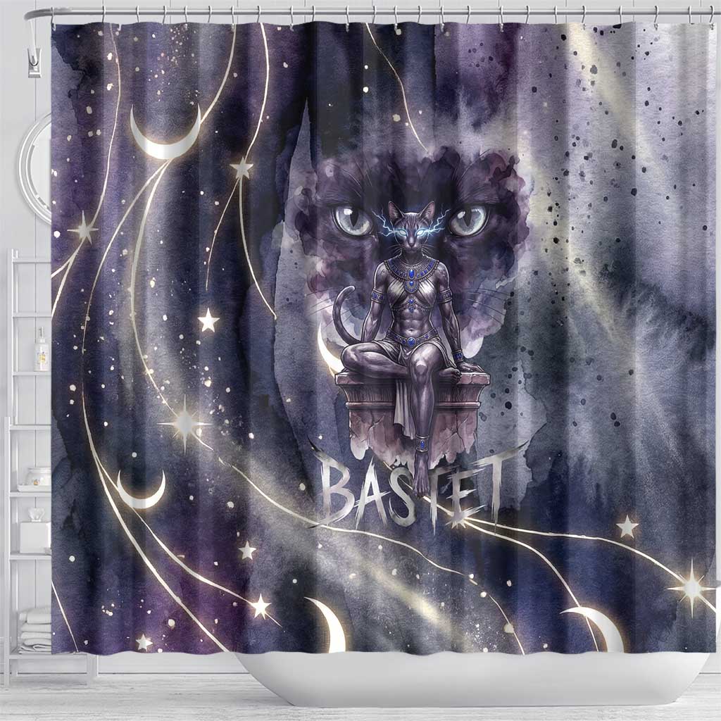 Bastet Egyptian Shower Curtain Cat Goddess Cosmic Protector Moon Magic Night Sky