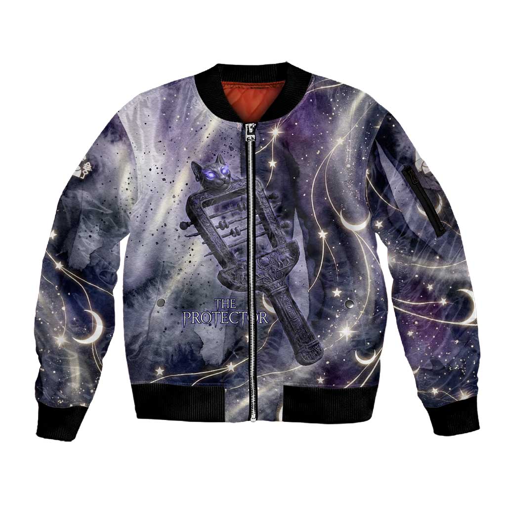 Bastet Egyptian Sleeve Zip Bomber Jacket Cat Goddess Cosmic Protector Moon Magic Night Sky