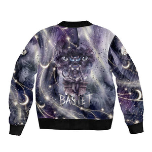 Bastet Egyptian Sleeve Zip Bomber Jacket Cat Goddess Cosmic Protector Moon Magic Night Sky