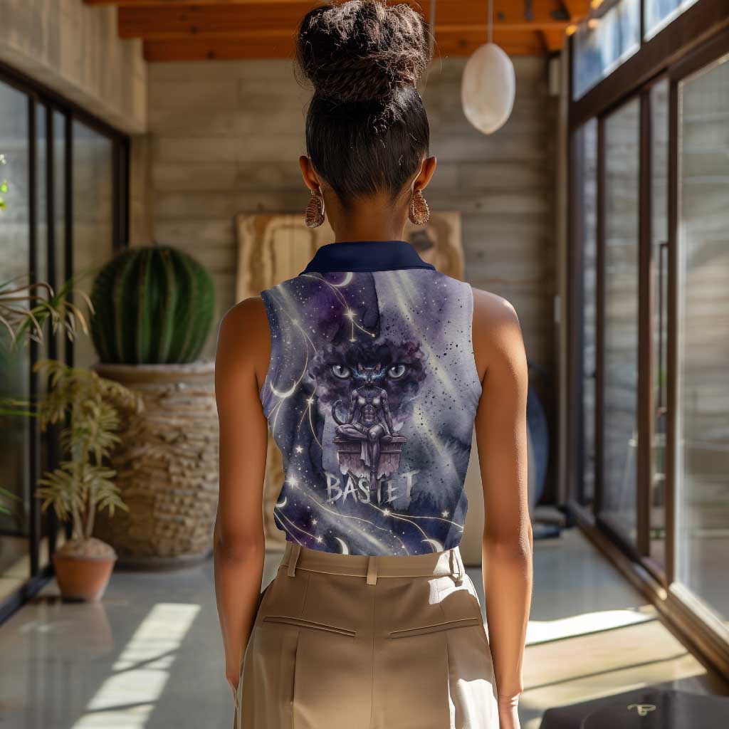 Bastet Egyptian Women Sleeveless Polo Shirt Cat Goddess Cosmic Protector Moon Magic Night Sky