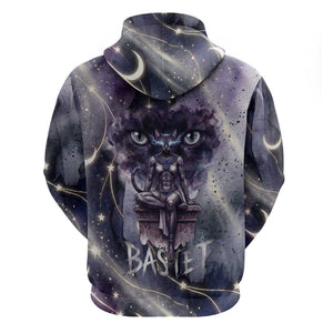 Bastet Egyptian Zip Hoodie Cat Goddess Cosmic Protector Moon Magic Night Sky