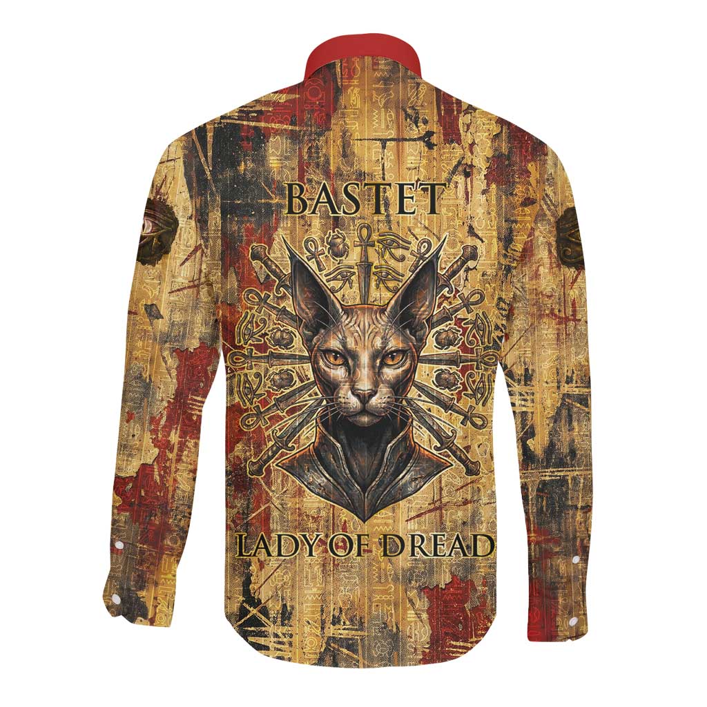 Bastet Egyptian Long Sleeve Button Shirt Eye of Ra Cat Goddess Lady of Dread Ancient Power