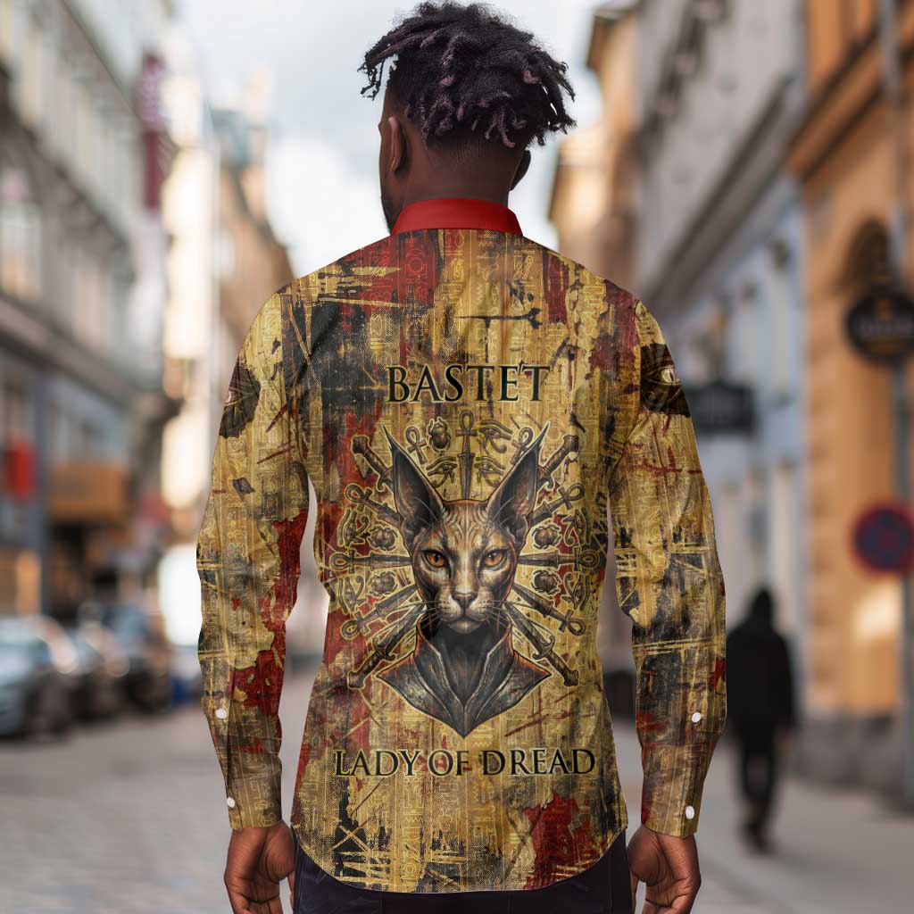 Bastet Egyptian Long Sleeve Button Shirt Eye of Ra Cat Goddess Lady of Dread Ancient Power