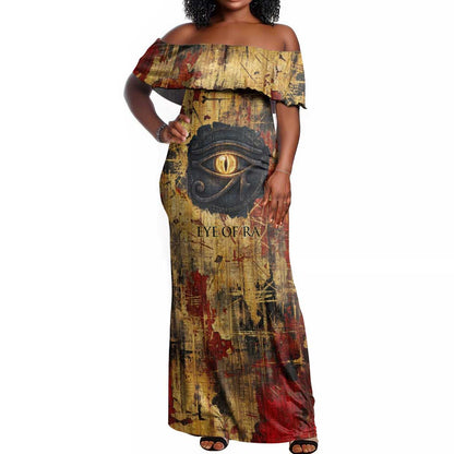 Bastet Egyptian Off Shoulder Maxi Dress Eye of Ra Cat Goddess Lady of Dread Ancient Power