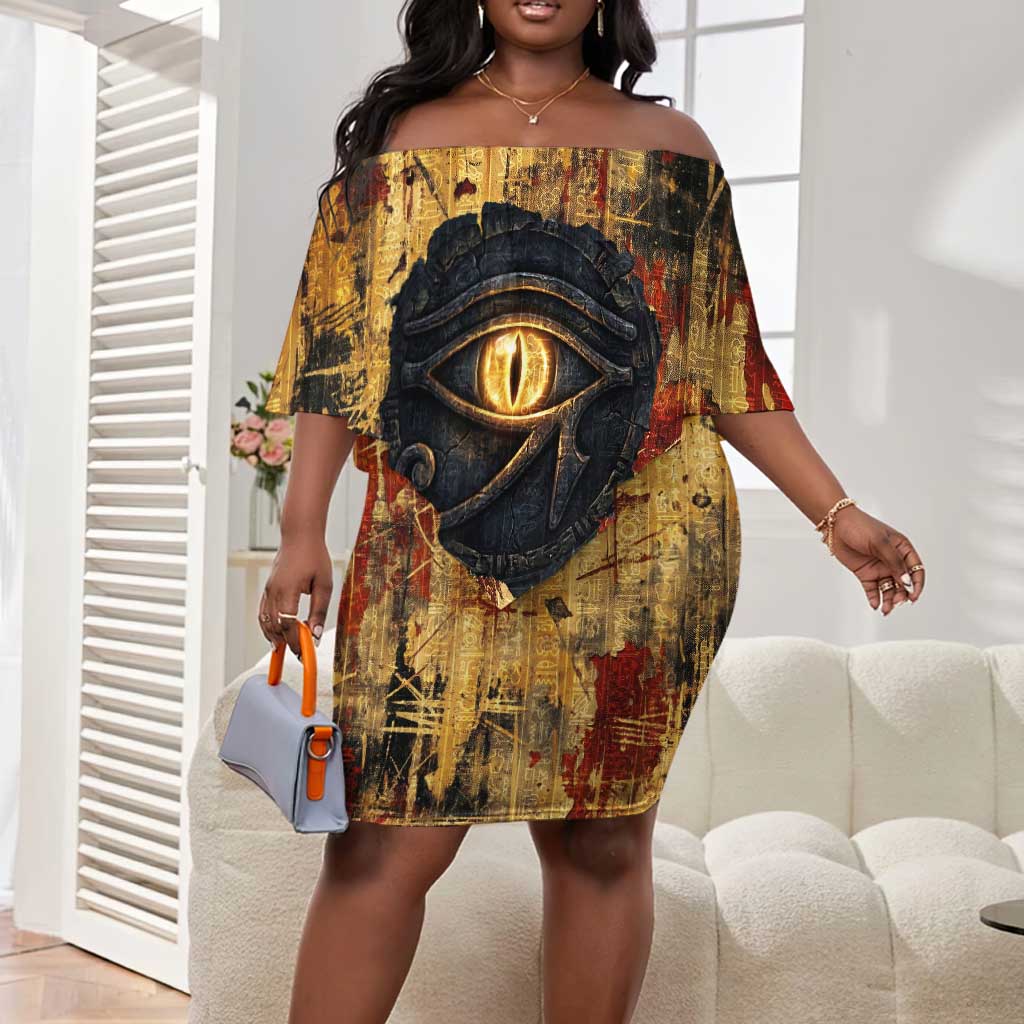 Bastet Egyptian Off Shoulder Short Dress Eye of Ra Cat Goddess Lady of Dread Ancient Power