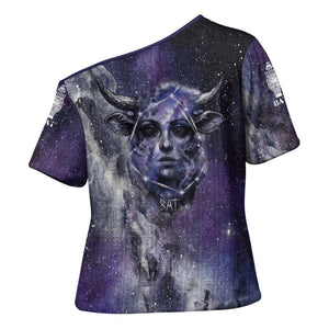 Bat Egyptian Cross Shoulder Shirt Cow Goddess Celestial Face Horn Ring Gem Cosmic Starry Sky