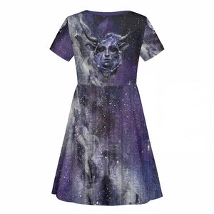 Bat Egyptian Kid Short Sleeve Dress Cow Goddess Celestial Face Horn Ring Gem Cosmic Starry Sky