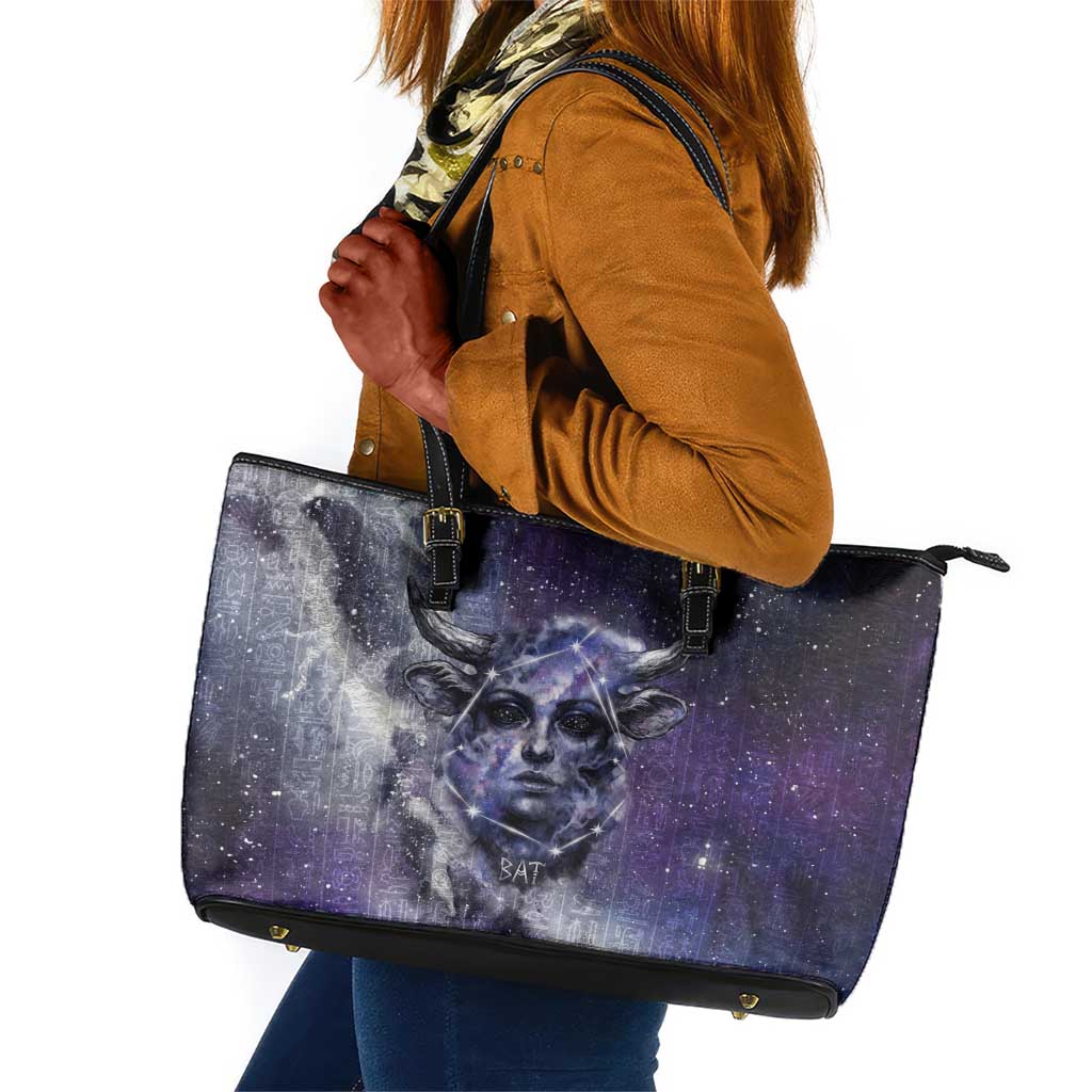 Bat Egyptian Leather Tote Bag Cow Goddess Celestial Face Horn Ring Gem Cosmic Starry Sky