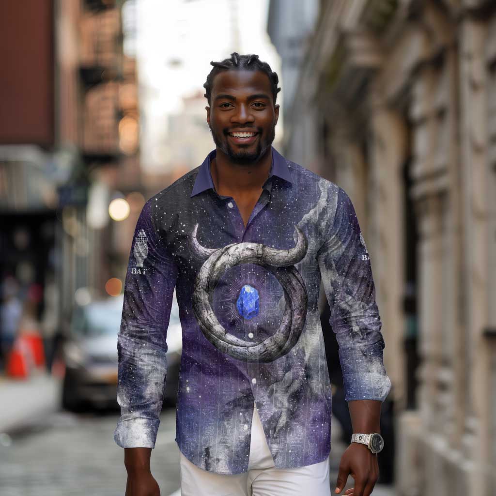 Bat Egyptian Long Sleeve Button Shirt Cow Goddess Celestial Face Horn Ring Gem Cosmic Starry Sky