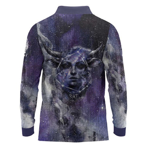 Bat Egyptian Long Sleeve Polo Shirt Cow Goddess Celestial Face Horn Ring Gem Cosmic Starry Sky