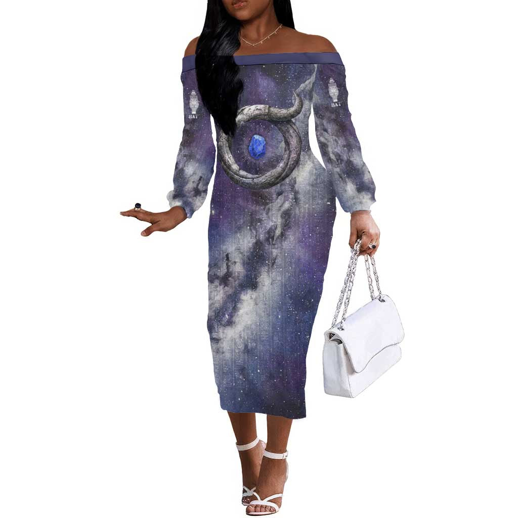 Bat Egyptian Off The Shoulder Long Sleeve Dress Cow Goddess Celestial Face Horn Ring Gem Cosmic Starry Sky