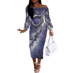Bat Egyptian Off The Shoulder Long Sleeve Dress Cow Goddess Celestial Face Horn Ring Gem Cosmic Starry Sky