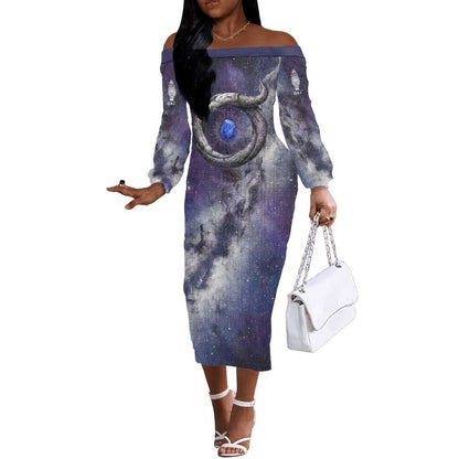 Bat Egyptian Off The Shoulder Long Sleeve Dress Cow Goddess Celestial Face Horn Ring Gem Cosmic Starry Sky