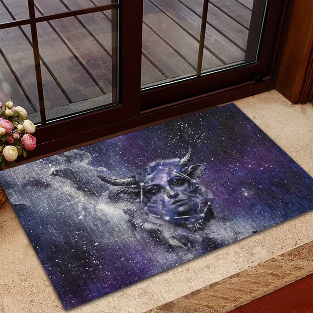 Bat Egyptian Rubber Doormat Cow Goddess Celestial Face Horn Ring Gem Cosmic Starry Sky