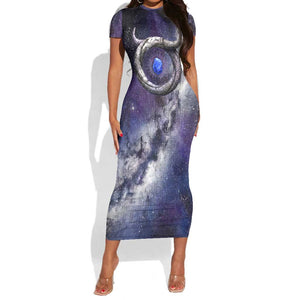 Bat Egyptian Short Sleeve Bodycon Dress Cow Goddess Celestial Face Horn Ring Gem Cosmic Starry Sky