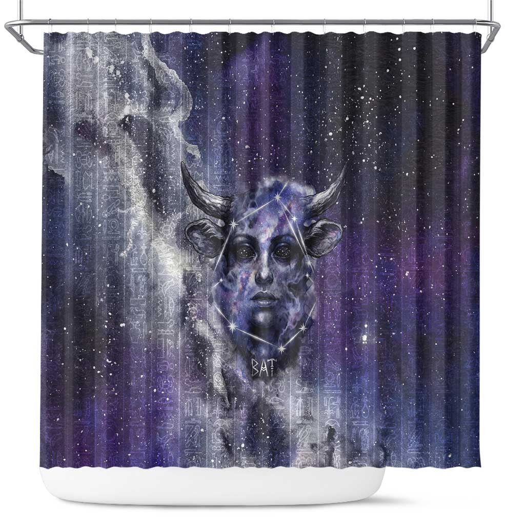 Bat Egyptian Shower Curtain Cow Goddess Celestial Face Horn Ring Gem Cosmic Starry Sky
