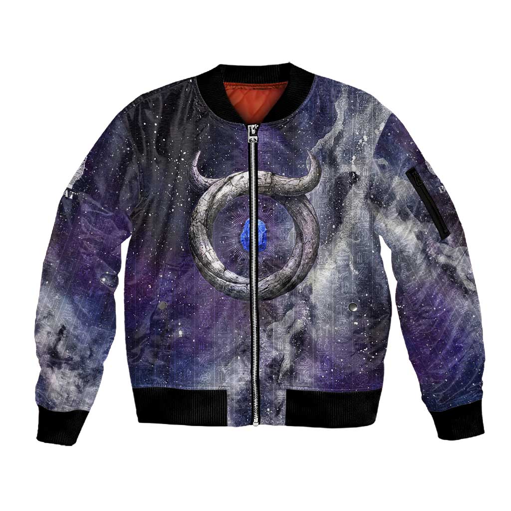 Bat Egyptian Sleeve Zip Bomber Jacket Cow Goddess Celestial Face Horn Ring Gem Cosmic Starry Sky