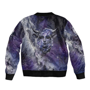 Bat Egyptian Sleeve Zip Bomber Jacket Cow Goddess Celestial Face Horn Ring Gem Cosmic Starry Sky