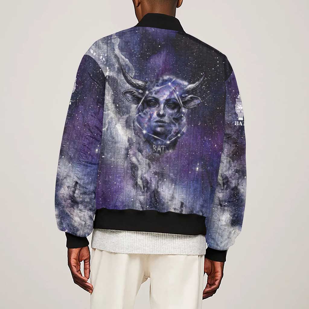 Bat Egyptian Sleeve Zip Bomber Jacket Cow Goddess Celestial Face Horn Ring Gem Cosmic Starry Sky