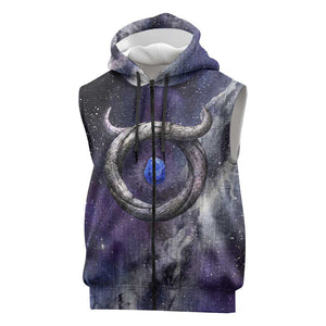 Bat Egyptian Sleeveless Zip Hoodie Cow Goddess Celestial Face Horn Ring Gem Cosmic Starry Sky