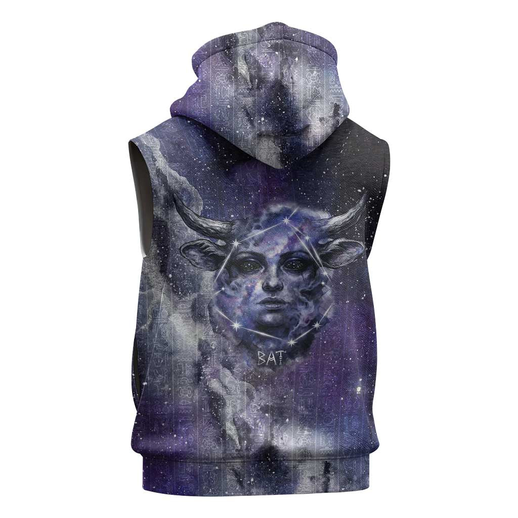 Bat Egyptian Sleeveless Zip Hoodie Cow Goddess Celestial Face Horn Ring Gem Cosmic Starry Sky