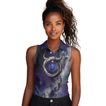 Bat Egyptian Women Sleeveless Polo Shirt Cow Goddess Celestial Face Horn Ring Gem Cosmic Starry Sky