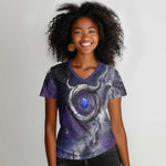 Bat Egyptian Women V-Neck T-Shirt Cow Goddess Celestial Face Horn Ring Gem Cosmic Starry Sky