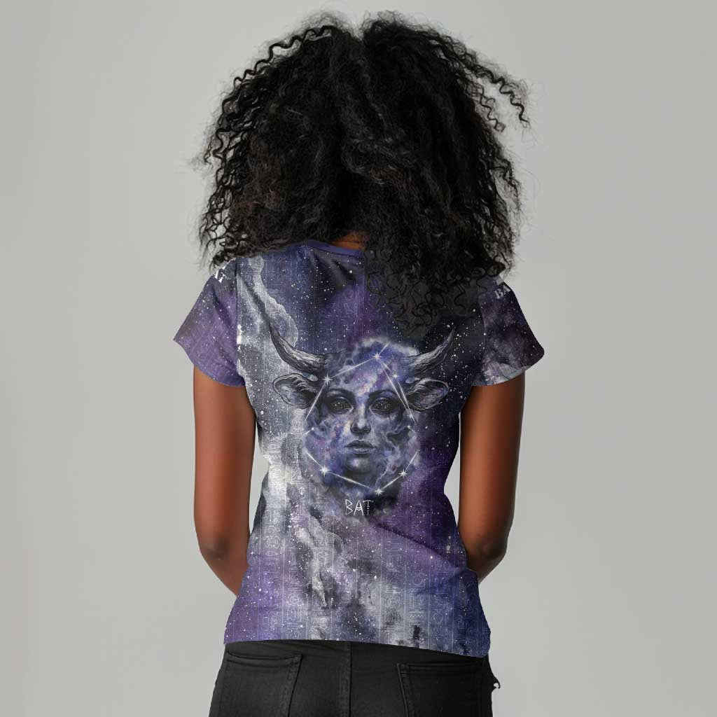 Bat Egyptian Women V-Neck T-Shirt Cow Goddess Celestial Face Horn Ring Gem Cosmic Starry Sky