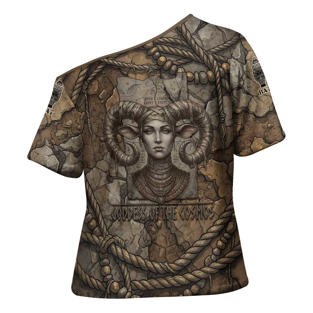 Bat Cross Shoulder Shirt Goddess of the Cosmos Ancient Egyptian Cow Horns Stone