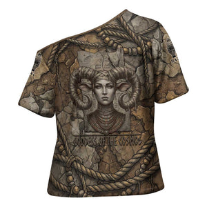 Bat Cross Shoulder Shirt Goddess of the Cosmos Ancient Egyptian Cow Horns Stone