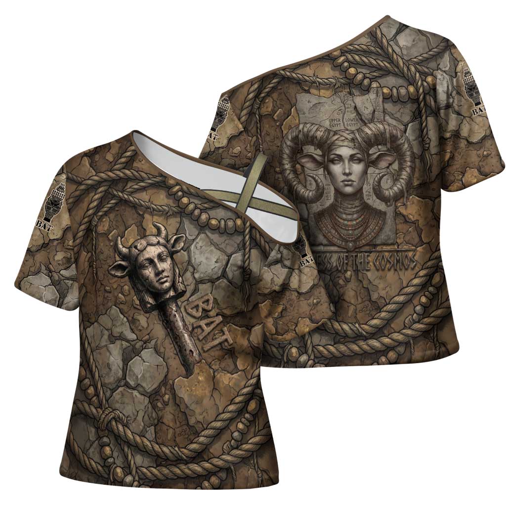 Bat Cross Shoulder Shirt Goddess of the Cosmos Ancient Egyptian Cow Horns Stone