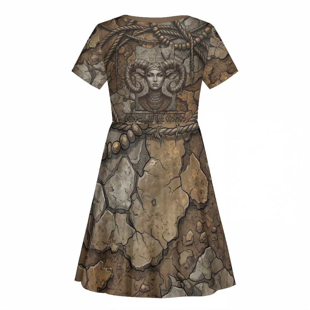 Bat Kid Short Sleeve Dress Goddess of the Cosmos Ancient Egyptian Cow Horns Stone