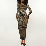 Bat Long Sleeve Bodycon Dress Goddess of the Cosmos Ancient Egyptian Cow Horns Stone