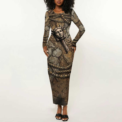 Bat Long Sleeve Bodycon Dress Goddess of the Cosmos Ancient Egyptian Cow Horns Stone