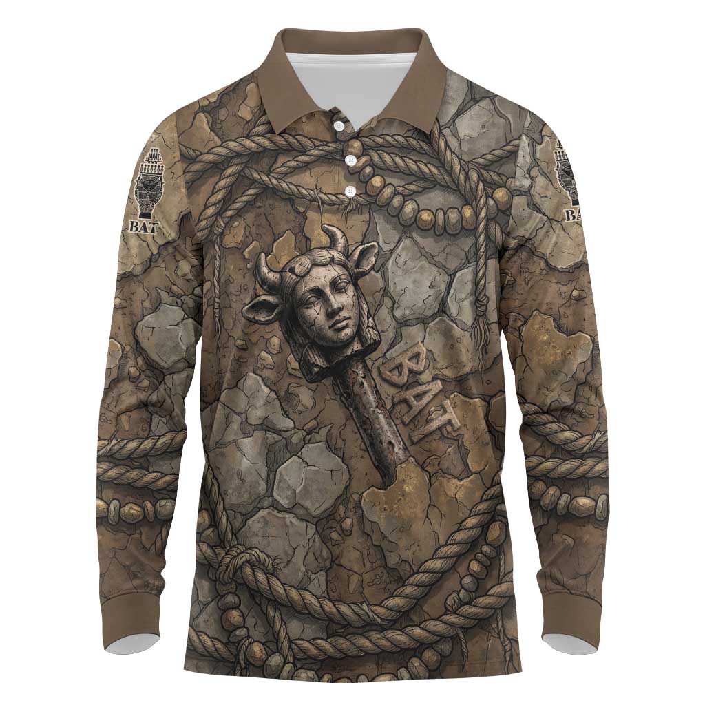 Bat Long Sleeve Polo Shirt Goddess of the Cosmos Ancient Egyptian Cow Horns Stone